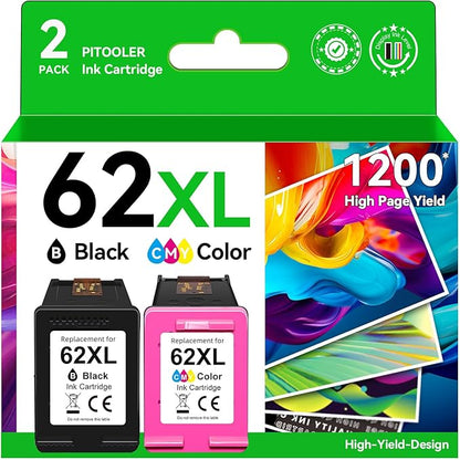 Pitooler 62XL Ink Cartridge Combo Pack Compatible for HP Ink 62 Black Color Compatible for Envy 7640 7645 5660 5665 5642 5540 OfficeJet 8045 8040 5746 5745 250 200 Printer
