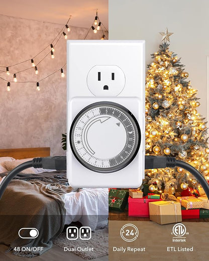 HBN Outlet Timer for Electrical Outlets Indoor, 24 Hour Mechanical Light Timers for Lamps, Dual 2-Prong Plug-in Outlets, 15-Minute Intervals, Heavy Duty Daily Cycle, 1 Pack