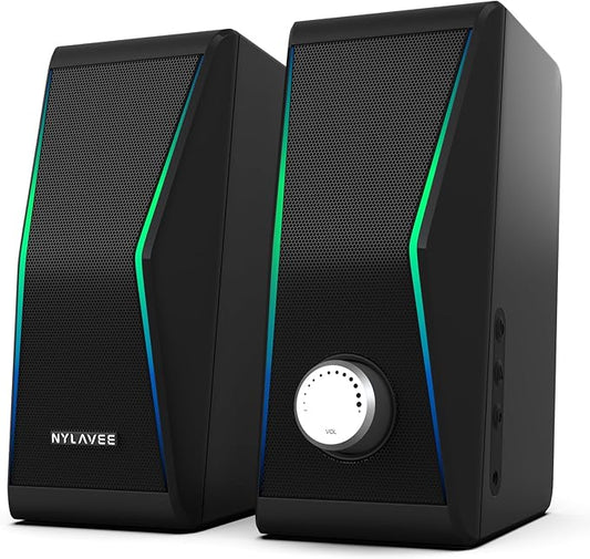 Nylavee Computer Speakers, Bluetooth 5.0 Hi-Fi Stereo PC Speakers, 4 Dynamic Lighting Modes, AC Adapter Powered and 3.5mm AUX-in Computer Speakers for Desktop PC, Monitor, Laptop, Tablet, Phone