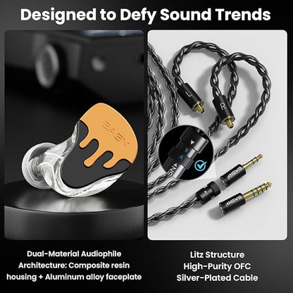 BASN BmasterX in Ear Audio Monitor, Hybrid 6 Drivers IEM Earphones with Crystal Clear Sound, Detachable Cable Plus Carrying Case & Fit Kit for Musician, Stage, Studio (3.5mm/4.4mm Jack, Orange/Black)