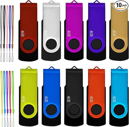 4GB USB Flash Drive 10 Pack, Nicepicten USB 2.0 Thumb Drives Zip Drive USB 4GB Memory Stick Swivel Pendrive Jump Drives Multipack with 10PCS Lanyard for Events Office (Colorful 10Pack 4 GB)