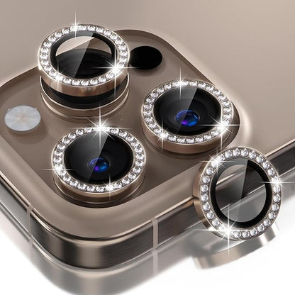 Choiche Compatible for iPhone 16 Pro/iPhone 16 Pro Max Camera Lens Protector Bling, 9H Tempered Glass Camera Cover Screen Protector Metal Ring Decoration Accessories (Diamond-Titanium Desert)