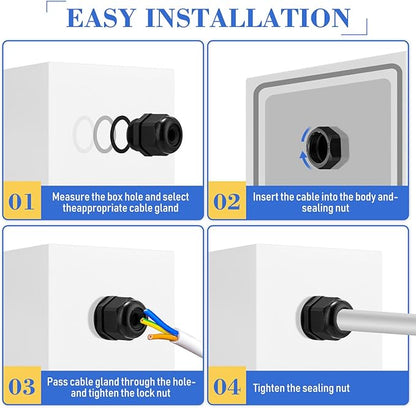 Duraaamo 100pcs Nylon Cable Gland Kit 3-25 mm Cable Gland Connectors NPT Waterproof Strain Relief Cord Connector Black Plastic Cord Grip Weatherproof Cable Pass Through PG7 PG9 PG13.5 PG21 PG29