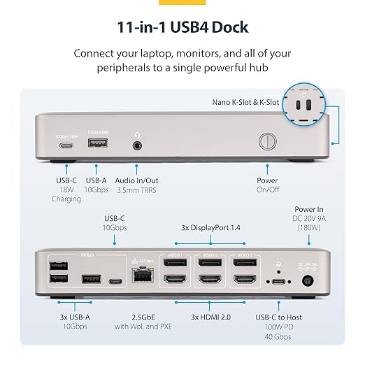 StarTech USB4 Driverless Dock, Triple 4K 60Hz, HDMI or DP, 100W, 2.5GbE