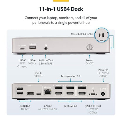 StarTech USB4 Driverless Dock, Triple 4K 60Hz, HDMI or DP, 100W, 2.5GbE