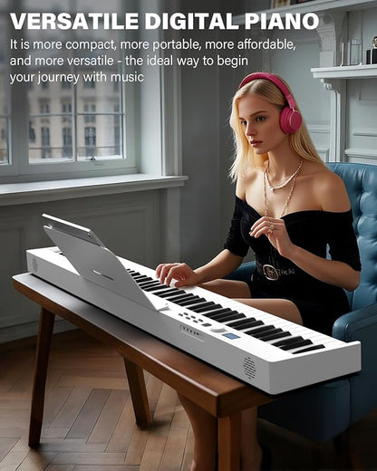 AiJoy 88 Key Beginner Piano Keyboard with Semi-Weighted Keys, 128 Tones, Speakers, USB MIDI, Carry-Bag, Sustain Pedal and Stand, White