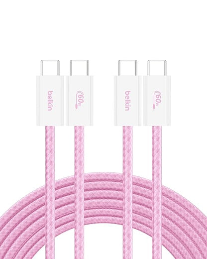 Belkin USB C to USB C Cable 2-Pack, 9.9ft, 60W - Type C Charger, iPhone Charger Cord, Soft, Braided, Flexible for iPhone 16, Galaxy S25, Pixel 9, Airpods, iPad Pro & More, Travel Essentials - Pink