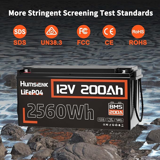 12V 200Ah LiFePO4 Lithium Battery, Built-in 200A BMS, Rechargeable Deep Cycles Batterys, 2560Wh Lithium Battery for Off-Grid and Home Solar System, Marine, Trailer, RV