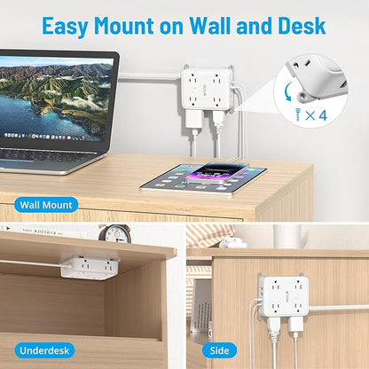 TROND Surge Protector Power Strip with USB, Ultra Thin Flat Plug 5ft Extension Cord 1625W, 3 USB A & 1 USB C, 8AC Outlets 1440J Surge Protection Wall Mount for Home Office Dorm Room Essentials, White