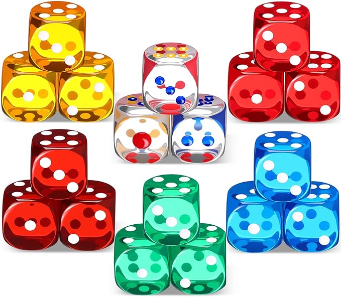 Seenelling 25 mm 18 Pcs Casino Theme Party Dice Large Opaque Jumbo Acrylic D6 Dice for Casino, Craps, Table Games and Board Games (Clear Color)