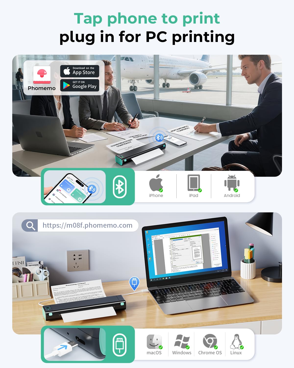 Phomemo Portable Printers Wireless for Travel, M08F Thermal Bluetooth Printer Support for 8.5"x11" US Letter, Small Inkless Printer Compatible with iOS, Android, Laptop for Car, Office, Home