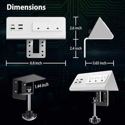 Nightstand Edge Mount Power Strip with USB-C Ports Tabletop Surge Protector Desk Clamp Power Sockets with 3 AC Outlets &4 Fast Charging USB Ports for Home Office Hotel and Dormitory (White(2-Pack))