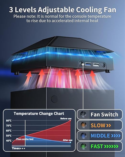 MENEEA Cooling Fan Dust Proof for Xbox Series X Console with Colorful Light Strip,Dust Cover Filter,Rubber Dust Plugs,Low Noise Top Fan with 3 Gears,Cooler&Light Independent Touch Switch, 2 USB Port
