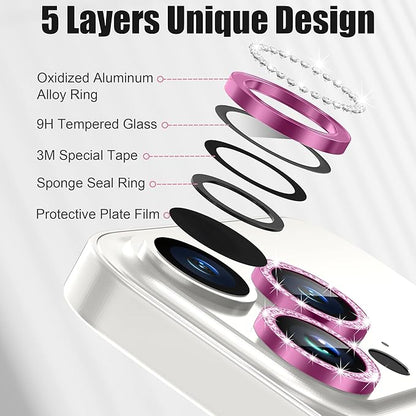 AGVEE 3+3 6 Pack for iPhone 15 Pro 6.1" / 15 Pro Max 6.7" Camera Lens Cover Protector, Bling Diamond & Bling Glitter Metal Ring 9H Tempered HD Glass Camera Cover Protector Film, Bling-Rose