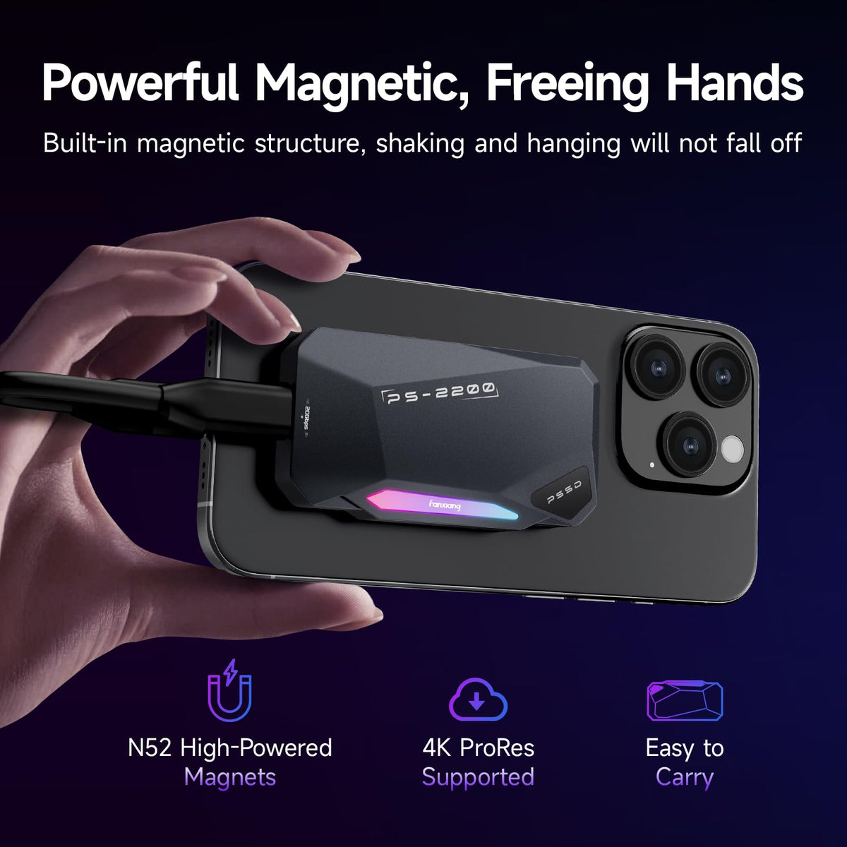 1TB Magnetic Portable SSD,2050MB/s Type-C USB 3.2 Gen 2x2 External SSD,4K ProRes Record and Store,Aluminum alloy,RGB Touch Lighting,External Solid State Drives for iPhone15/16/Android/PC/Mac -PS2200