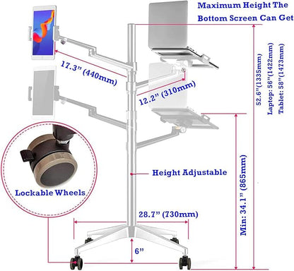 Triple arm Height Adjustable Stand Mount with Rolling Wheel for Laptop(11-17 inch) and Compatible with ipad iPad pro 12.9 inch/Tablet/Ereader