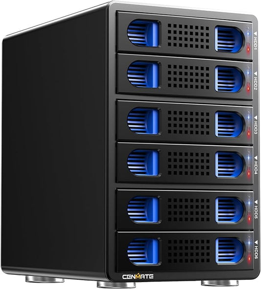 CENMATE Aluminum 6 Bay Hard Drive Enclosure with Cooling Fan for 2.5“/3.5" SATA HDD/SSD with USB A/C 3.0, Support Hot Swappable, Tool-Free HDD Enclosure, DAS(NO RAID/NAS)