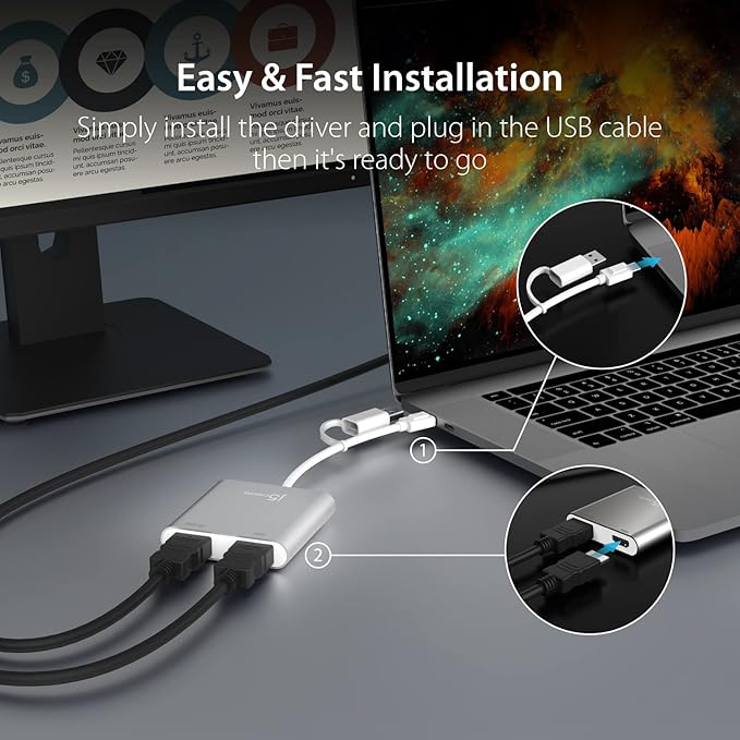 j5create USB-C to Dual HDMI Multi-Monitor Adapter with USB Type-A convertor | 4K + 2K | Compatible with Windows and Mac (JCA365)