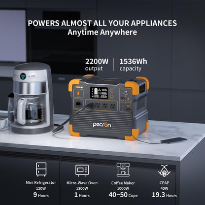 PECRON Portable Power Station, E1500LFP Solar Generator 1536Wh, 2200W AC Output LiFePO4 Battery Backup, Fast Charging Power Station for Home use, RV, and Outdoor Camping