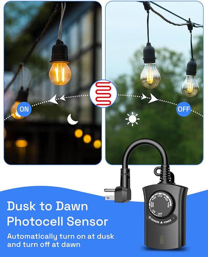 HBN Outdoor Light Timer with Remote Control, Waterproof Light Sensor Timer, 100 ft Wireless Range, 1 Grounded Outlet for Christmas Lights, 15A 1/2HP Heavy Duty