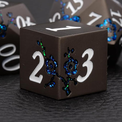 Metallic Glitter Flowe Dice Set,7pcs DND Polyhedral Dice Set with Gift Box,Metal Polyhedral RPG Dice for Table Game(Pearl Gun-Blue)