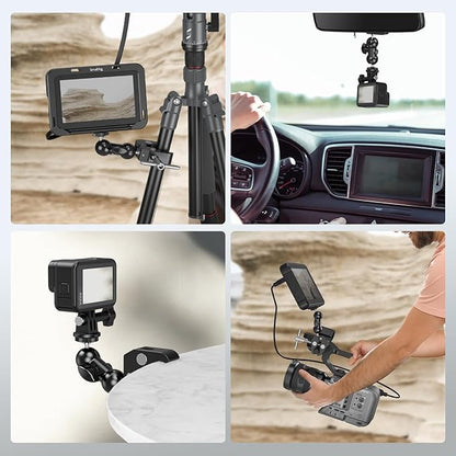 SMALLRIG Super Camera Clamp Mount, Double Ball Head Magic Arm Adapter, Fence/Desk/Tripod Mount for Monitor/Light/Camera, for Insta360, for Gopro