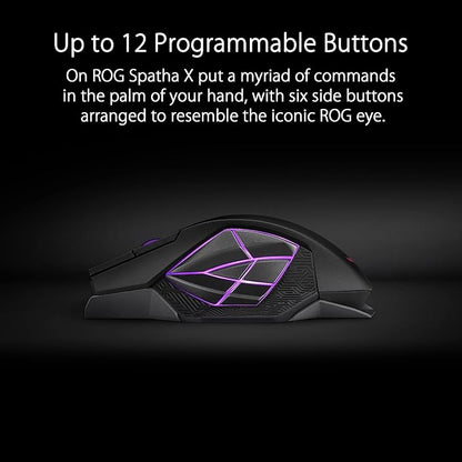 ASUS ROG Spatha X Wireless Gaming Mouse (Magnetic Charging Stand, 12 Programmable Buttons, 19,000 DPI, Push-fit Hot Swap Switch Sockets, ROG Micro Switches&Paracord and Aura RGB lighting),Black