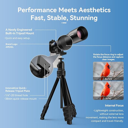 APEXEL 50x High Power HD Telephoto Lens | with Tripod & Universal Phone Clip for iPhone 16/15/14/13 Series, Samsung, Android and Most Smartphone | Landscapes Target Viewing, Wildlife Moon Photography
