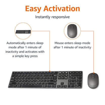 Amazon Basics Ultra Premium Wireless Keyboard and Mouse Combo, Rechargeable, Full-Size with Number Pad, Sleek Design, Plug and Play, Quiet Typing, 2.4GHz USB Receiver, Black