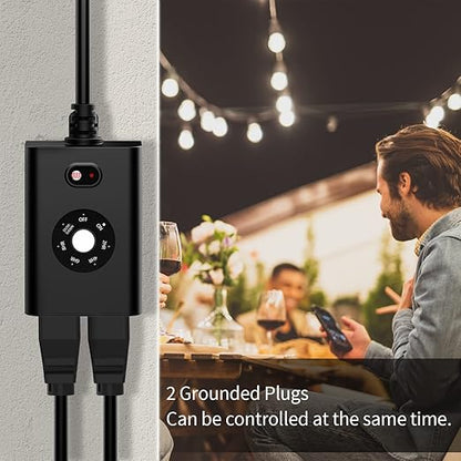 Minoston Outdoor Timer Outlet Waterproof, Dusk to Dawn Photocell Light Sensor Socket, 2/4/6/8 Hours Cutdown Timer, 2 Grounded Outlets for Christmas and Hallowen Deceration, Black(MP40T)