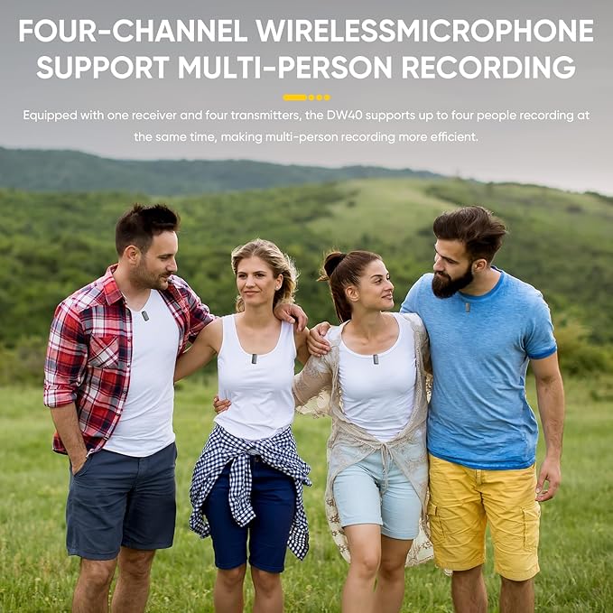 7RYMS iRay DW40 4-Channel Wireless Microphone for Cameras, Camcorders, iPhones, Android Phones, Wireless Lavalier Microphone -Noise Canceling, 656ft Range, 12.5H Working, Lav Mic for Video Recording