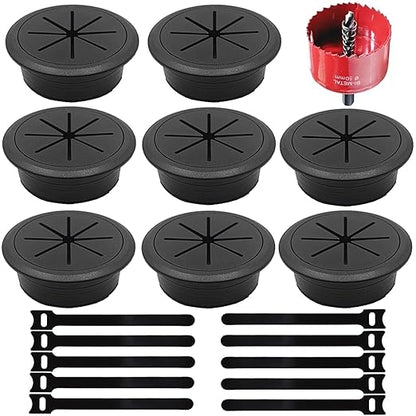 8 Pack Desk Grommet 2 Inch (50 mm), Desk Hole Cover for Cables, Black Desk Cord Hole Cover for Office Home Table, Cable Grommet with 1 Hole Saw Drill Attachment & 10 Cable Ties