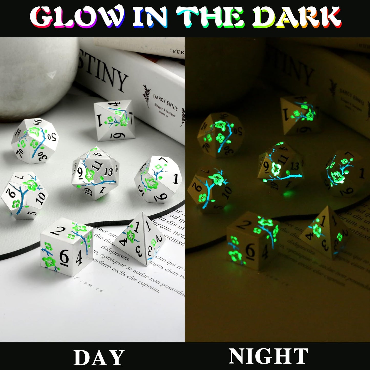 Glow in The Dark Metal Dice, DNDND 7 PCS Green Metallic D&D Dice Set with Gorgeous Gift Case for Dungeons and Dragon Tabletop Game (Glow in The Dark Green)