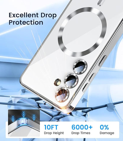 Slim Thin for Samsung Galaxy S25 Plus Case, Compatible with MagSafe, Built-in Camera Lens Protector, Shockproof Protective Phone Case, Soft Electroplated Clear Cover, Silver