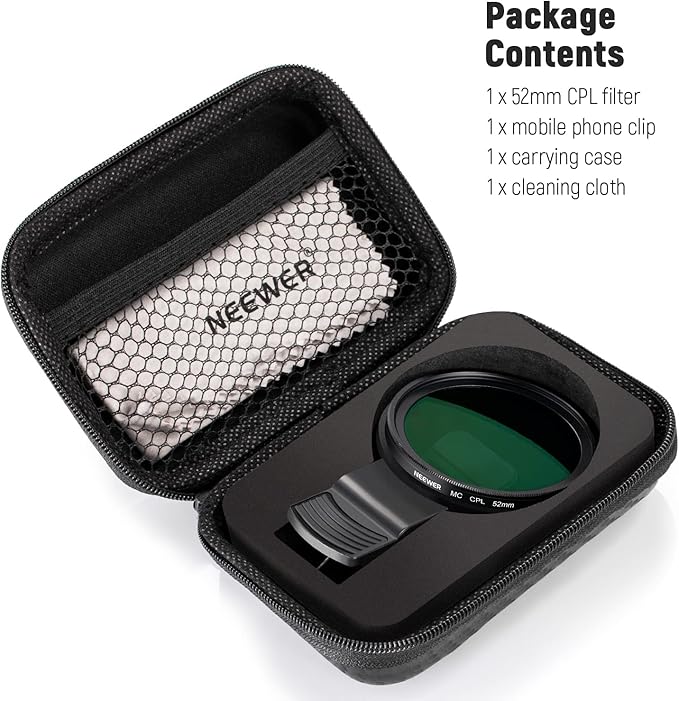 NEEWER 52mm CPL Filter for Phone, Clip On Circular Polarizing Lens Filter with Phone Clip, Storage Case & Cleaning Cloth, Compatible with iPhone Samsung Galaxy Android DSLR Camera, FL-26