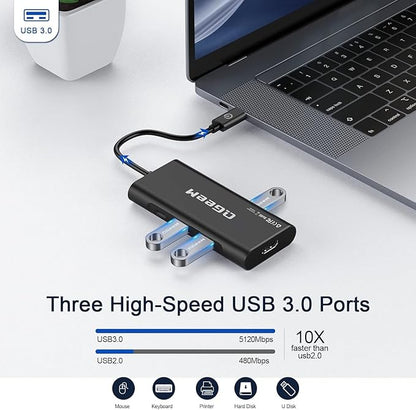 USB C Hub, QGeeM USB 4k to HDMI Adapter, 7 in 1 USB-C Dongle with 100W PD,USB 3.0, Card Reader, Compatible for MacBook iPhone 15/16 Ipad Pro max,Chromebook Laptop USB Type C Dock-Black
