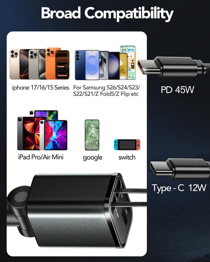 84W Retractable Car Charger,Car Phone Charger USB C Fast Charge for iPhone