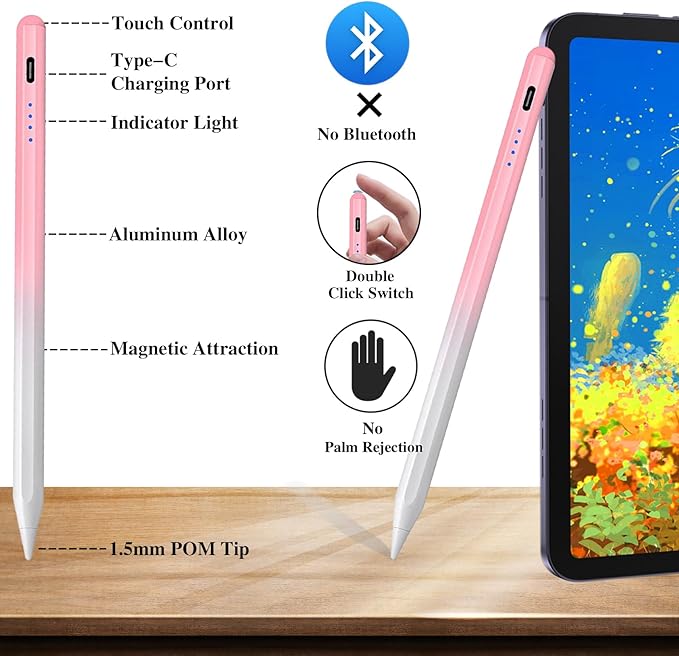 Luntak Stylists Pens for Touch Screens, Rechargeable Active Magnetic Stylus Pens Universal Tablet Pencil Stylus Pen for iPad/Pro/Air/Mini/iPhone Samsung/Android and Other Smartphone Devices-Pink