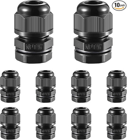 10 PCS 3/8"(5-10mm) NPT Nylon Cable Gland Joints with Gaskets, IP68 Adjustable Lock Nut Strain Relief Cord Grip Waterproof Cable Glands - UL Listed and RoHS Compliant