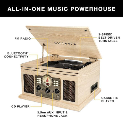 Victrola The Quincy 6-in-1 Bluetooth Record Player & Multimedia Center with Built-in Speakers – 3-Speed Turntable, CD & Cassette Player, AM/FM Radio, Wireless Music Streaming (Farmhouse Shiplap Grey)