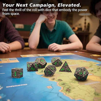 PJOY Metal Dice Set D&D for Dungeons and Dragons Green Metal Druid DND Dice with Case Meteorite Bronze 16mm 7PCS Role Playing Cool DND Gifts for Players DM Game Masters