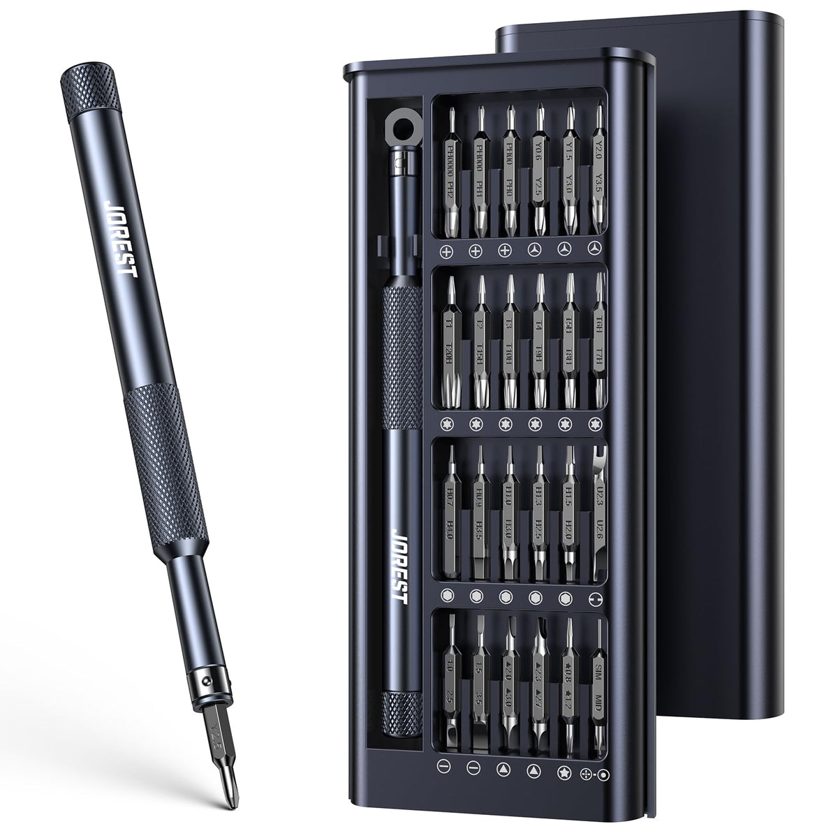 JOREST Mini Electric Screwdriver, Small Cordless Precision Screwdriver set with 38 Magnetic Bits, 5 Torque Settings, Repair Tool for iPhone, Laptop, Drone, Game Console, Camera; Gift for Father