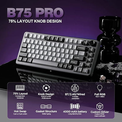 YUNZII B75 PRO Wireless Mechanical Keyboard,75% Layout with Knob,Hot Swap Gasket Custom Structure,Creamy Pre-lubed Switches,RGB Backlit,BT/Type-C/2.4G for Win/Mac(Cocoa Cream V2 Switch,Dark Grey)