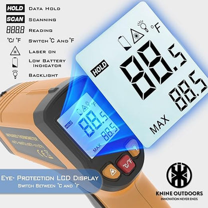 KNINE OUTDOORS Infrared Thermometer Laser Temperature Gun, -58℉ to 1112℉, Single Laser Targeting, Distance to Spot Ratio 12:1, for Cooking, Oven and Meat (Orange)