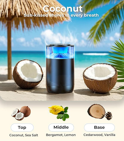 Smart Car Air Fresheners, Ambient Light & Mist Fragrance, Auto On/Off Car Air Freshener Diffuser, Adjustable Intensity, Lasts 6 Months, Built-in Battery, Premium Scents Refill X2 - Coconut