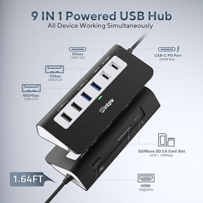 USB C Hub, INTPW 9-in-1 USB Multiport Adapter with 4K HDMI, PD 100W, USB-C and 2 USB A 3.0 5Gbps, 2 USB A 2.0, SD/TF Card Reader, Aluminum USB Hub for Laptop, iPhone 16/15 Series, MacBook, iPad