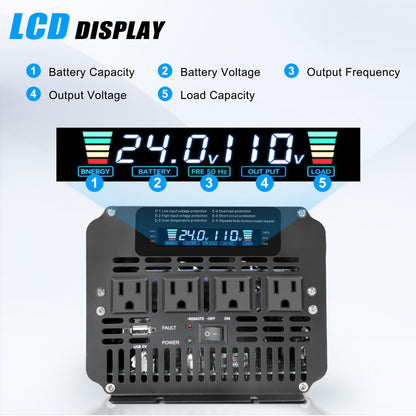 LVYUAN 4000 Watt Power Inverter 24V to 110V 120V for Vehicle, Solar Inverter System, Heavy Duty, RV, Truck, Off Grid,Camping with 4 AC Outlets, LCD Display, Wireless Remote Control, Car Power Inverter