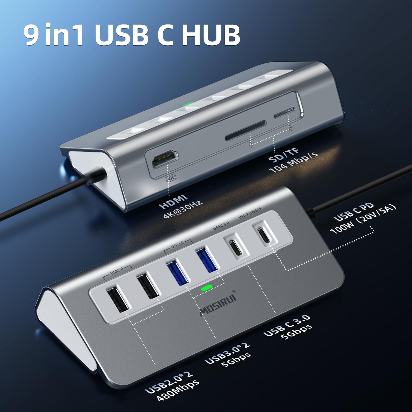 USB C Hub, Mosirui 9 in 1 USB C Hub Multiport Adapter with 4K@60Hz HDMI, PD 100W,USB C & 2 USB A 3.0 5Gbps,2 USB A 2.0,SD/TFCard Reader, 3.3 Ft Long Host Connection Cable, Usb Hub for Laptop & MacBook