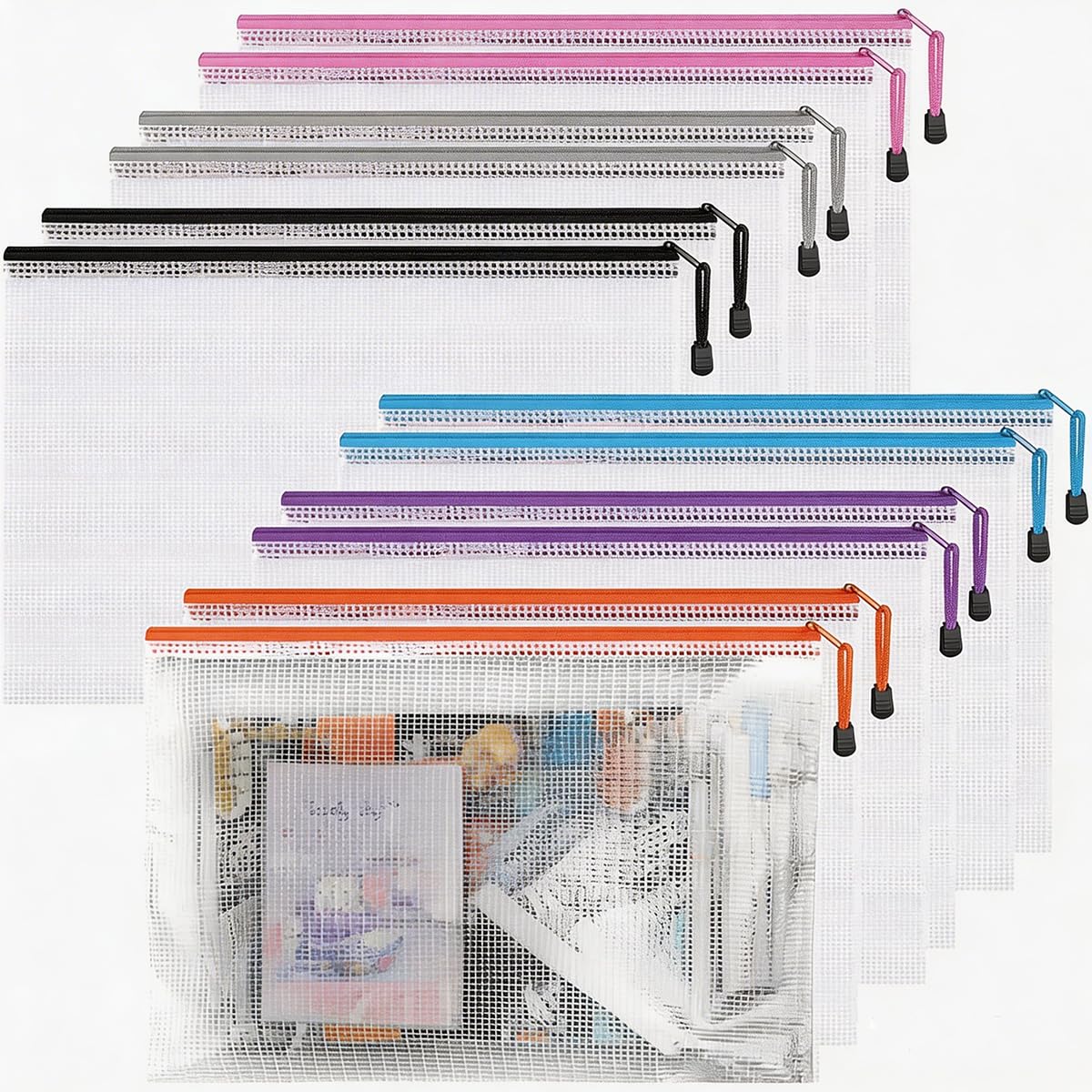 Krvyrn Mesh Zipper Pouches, 12 Pack A3 Waterproof Zipper Pouches for Board Game Storage, Puzzle Storage, Office and School Supplies, Home, Travel Organizer