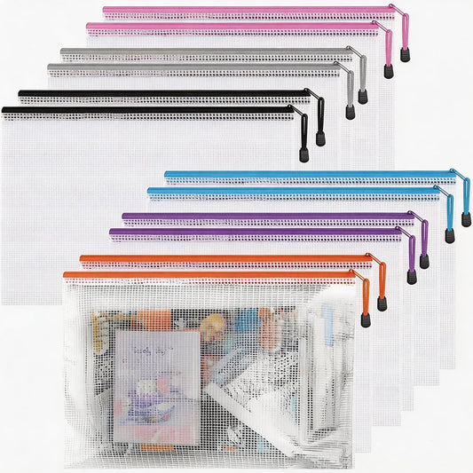 Krvyrn Mesh Zipper Pouches, 12 Pack A3 Waterproof Zipper Pouches for Board Game Storage, Puzzle Storage, Office and School Supplies, Home, Travel Organizer